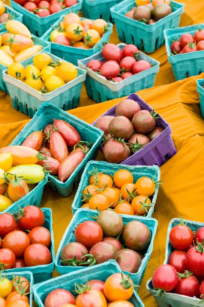 Boîtes de petites tomates sur le marché — Photo