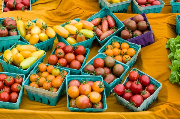 Boxes of small tomatoes at the market — Stock Photo, Image