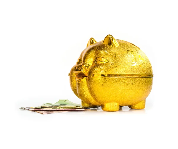 Chinese gouden varken spaarvarken met Thaise geld op de vloer — Stockfoto