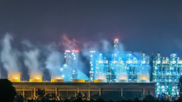 Raffinaderiet industriella anläggningar på nattetid, tid lapsr — Stockvideo