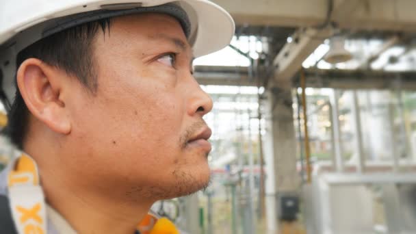 Porträt eines asiatischen Mannes in der Fabrik, Raffinerie-Anlage — Stockvideo