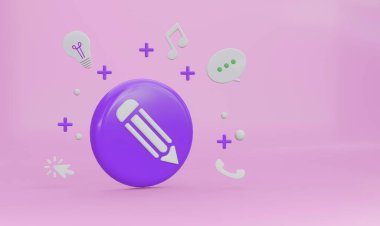 3D simgeler, soyut sosyal medya, teknoloji tasarım afişi ve eğitim konsepti, 3D yorumlama