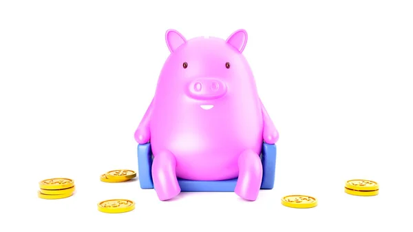 Piggy Bank Com Moeda Dinheiro Renderização — Fotografia de Stock