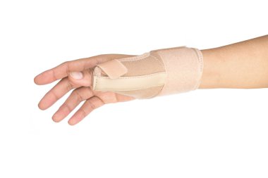 Thumb finger wrapped in an bandage 