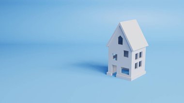 Mavi arka planda, ev satın almayı, konut kredilerini ve modern yaşam kavramlarındaki konut istikrarını sembolize eden 3D minimal stil bir ev. 3d oluşturma