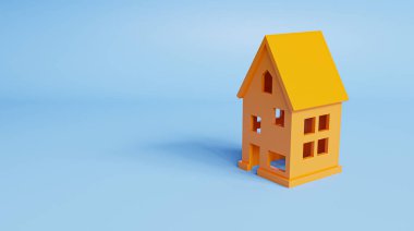 Mavi arka planda, ev satın almayı, konut kredilerini ve modern yaşam kavramlarındaki konut istikrarını sembolize eden 3D minimal stil bir ev. 3d oluşturma