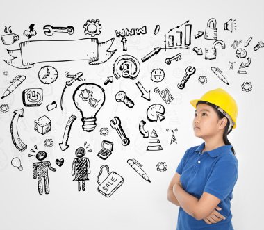 Fikir çizim ile genç mühendis
