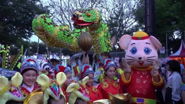 La mascota de rata y la serpiente bailan en la calle durante el año nuevo lunar. — Vídeos de Stock