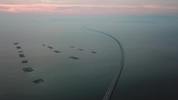 Luchtfoto Kromme Vorm Penang Tweede Brug Naast Viskwekerij Zee — Stockvideo