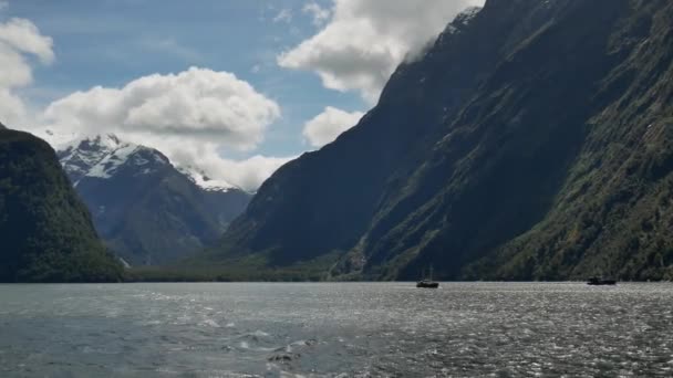 Milford Sound Sydön Nya Zeeland Den Blå Himlen Vitt Moln — Stockvideo