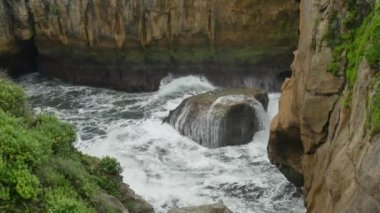 Punakaiki 'de kayalık ve kayalık, Güney Adası, Yeni Zelanda.