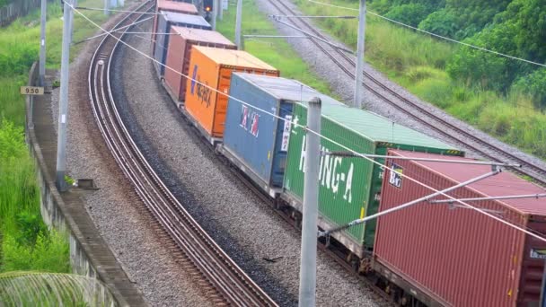 Tren de contenedores en movimiento en el ferrocarril — Vídeos de Stock