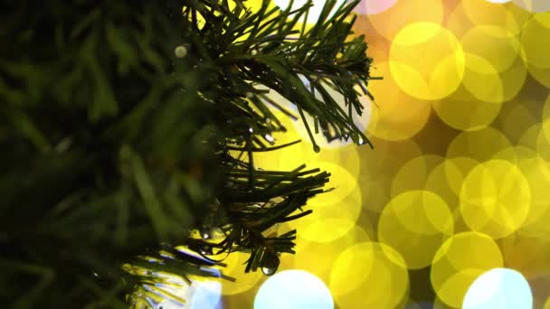 Selectieve Focus Kerstboom Regen Met Gouden Knipperende Bokeh Achtergrond — Stockvideo