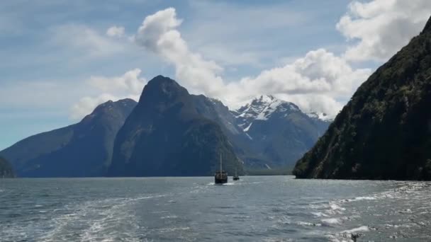 Båt segla vid Milford Sound på morgonen med vitt moln. — Stockvideo