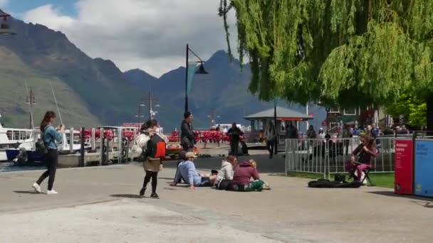 Una dama toca el violín en la calle en Queenstown — Vídeo de stock