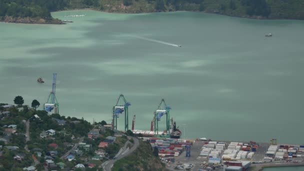 Aerial view a boat come back to the port Lyttelton Harbour. — Stock Video