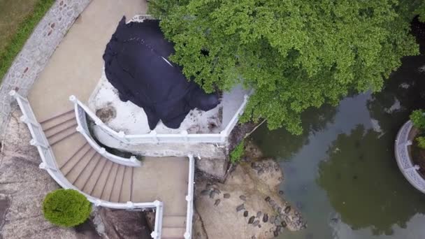 Vue aérienne tournante vers le bas piscine de tortue au temple Kek Lok Si. — Video