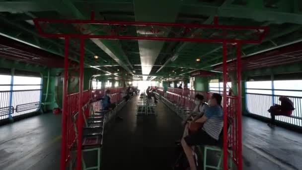 Passengers wear mask sit in ferry maintain social distancing — Stock Video