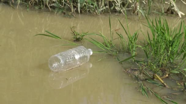 Fluxo Garrafa Plástico Rio Marrom — Vídeo de Stock