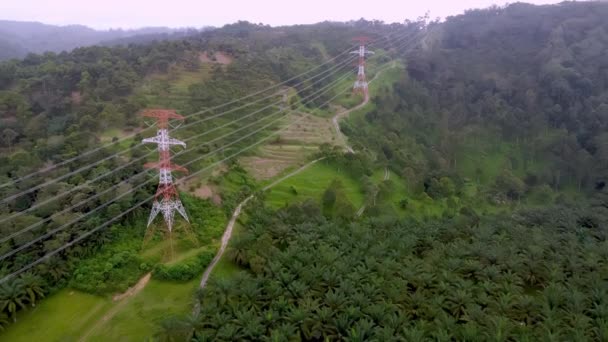 Sisli Bir Günde Tepedeki Elektrik Kulesinin Üzerinden Hava Görüntüsü Uçar — Stok video