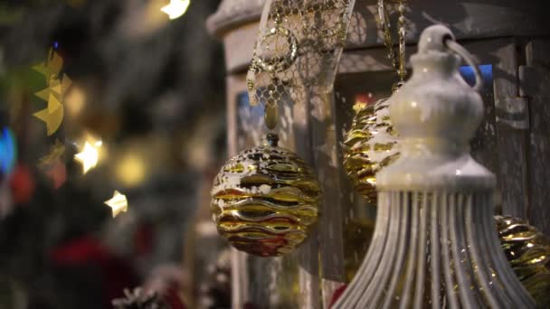 Moving Gold Decoration Snow Christmas — Vídeos de Stock