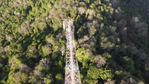 Vista Aérea Olhar Para Baixo Antena Telecomunicações Topo Floresta Colina — Vídeo de Stock