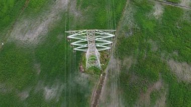 Çayırdaki elektrik hattı çelik kulesi, çeltik tarlası hava manzarası.