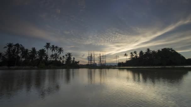 Timelapse Sunset Architecture High Voltage Tower Coconut Trees Reflection — Stock Video