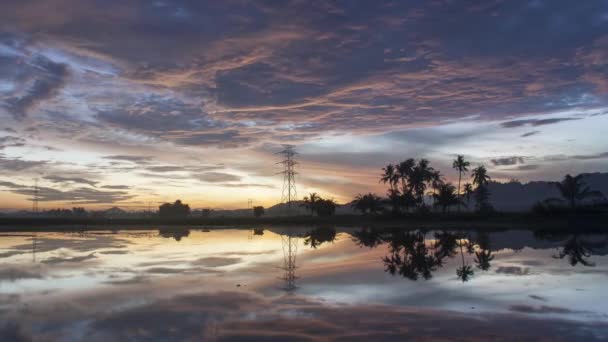 Timelapse Vacker Soluppgång Över Eltornet Kraftledning Reflektion Fältet — Stockvideo