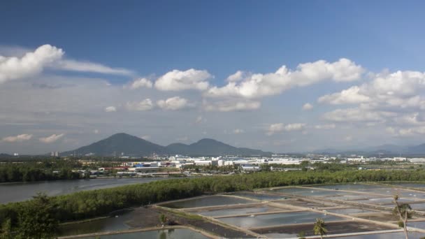 Timelapse Día Nublado Sobre Estanque Peces Buit Minyak Área Industrial — Vídeos de Stock