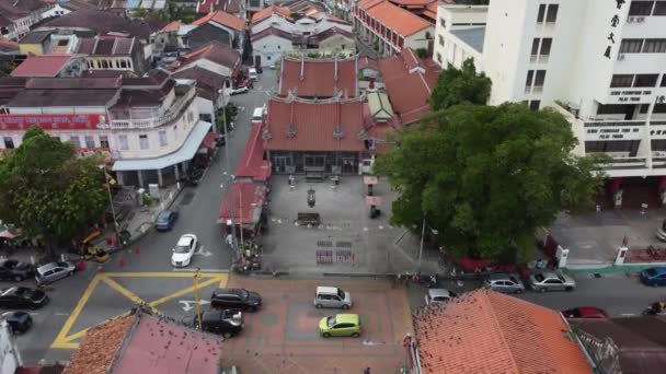 Aerial look down Goddess of Mercy temple is closed — Stock Video