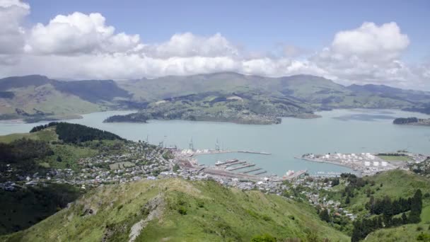 Timelapse Légi Felvétel Lyttelton Kikötőjéről Christchurch Gondola Állomás Tetejéről Port — Stock videók