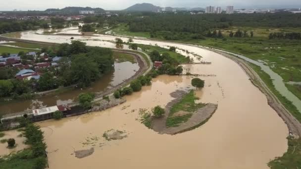 Наводнение Поле Рядом Рекой Кампунг Хаус Недалеко Малайзии — стоковое видео