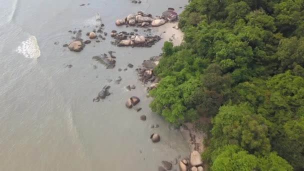 Mosca Aérea Sobre Pedra Rocha Litoral Lado Floresta Verde Vila — Vídeo de Stock