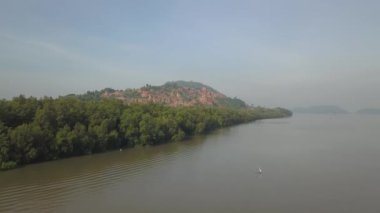 Kıyı şeridinden yeşil orman manzarasında hava manzarası bozulması meydana gelir..