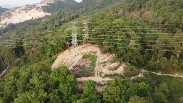 Luchtfoto Vliegen Richting Elektrische Pyloon Ontbossingsland — Stockvideo