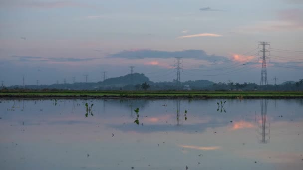 Timelapse Ochtend Elektrische Pyloon Landbouwbedrijf Reflectie Water — Stockvideo