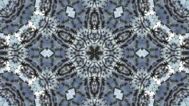 Mavi gökyüzündeki simetri kaleydoskop hareketli palmiye ağacı. Canlandırma geometrik arkaplanı