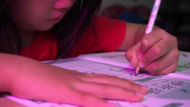 Dziewczyna Uczy Się Używać Ołówka Pisania Chińskiego Słowa Książce — Wideo stockowe