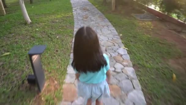 Высокий Угол Обзора Маленькой Девочки Идущей Тропинке Японском Саду — стоковое видео