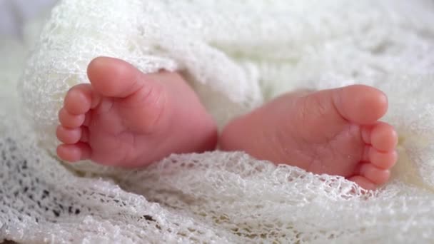 Cerrar Pierna Del Bebé Recién Nacido Niño Tela Blanca — Vídeos de Stock