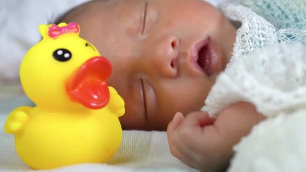 Cerrar Cara Del Bebé Recién Nacido Dormir Con Pato Goma — Vídeo de stock