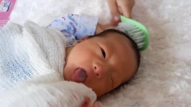 Sluit Broer Zus Kam Het Haar Van Pasgeboren Baby Familie — Stockvideo
