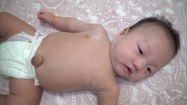 Chinese Newborn Baby Boy Lay Bed Look Camera Family Childhood — Stock Video