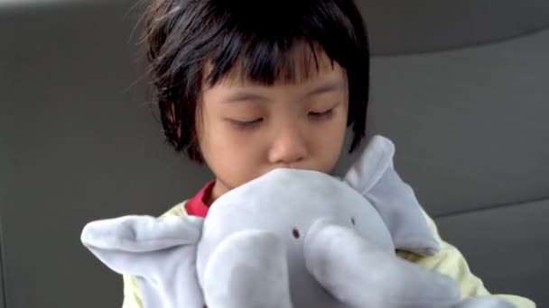 Chica China Abrazo Lindo Elefante Peluche Asiento Trasero Del Coche — Vídeo de stock