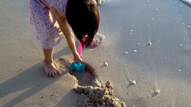 Mała Dziewczynka Używa Łopaty Kopać Piasek Plaży — Wideo stockowe