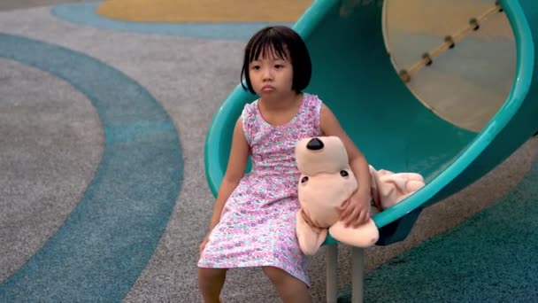 Boring Little Girl Bring Dog Plush Toy Sit Bottom Slide — Stock Video