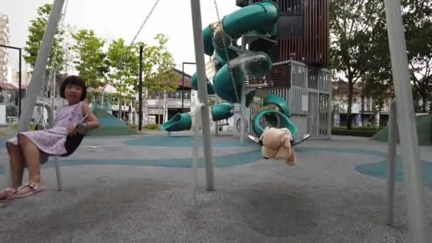 Liten Flicka Spela Swing Tillsammans Med Bästa Vän Hund Plysch — Stockvideo