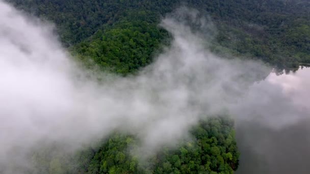 Aerial Przesuwne Widok Niska Chmura Poruszać Się Nad Jeziorem Tropikalnym — Wideo stockowe