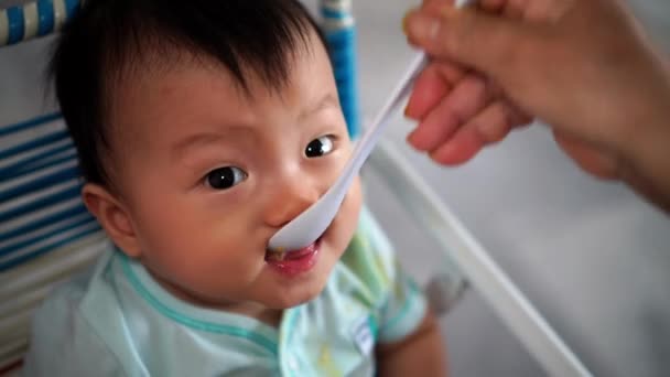 Glückliches Baby Genieße Das Haferbrei Futter Der Mutter — Stockvideo